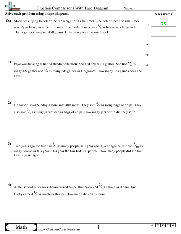 Fraction Comparisons With Tape Diagram worksheet